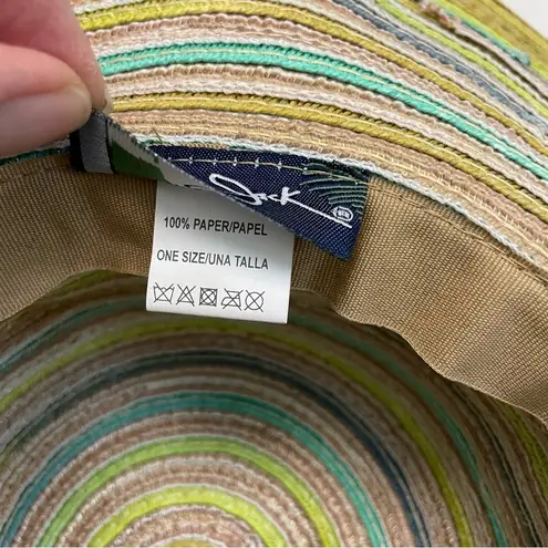 Panama Jack Hat Sun Straw Paper Wide Brim Beach Travel Striped Green Yellow Grey