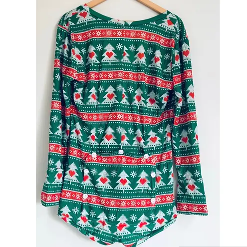 Yandy Green Christmas Tree Print Romper Pajamas Sleepwear Button Up Size XL