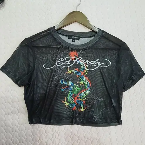 Ed Hardy NWOT  Dragon Cropped Baby T-Shirt Women's Black Mesh Size 3X