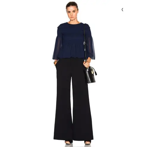 See By Chloe Dark Navy Peasant Top Sheer Sleeves Smocked Bodice Boho Sz 4