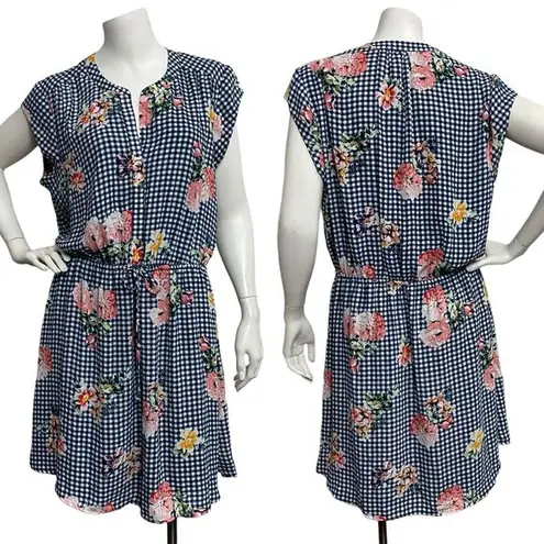 Daniel Rainn DR2 Women Large navy & white gingham floral Tie waist Blouson Dress