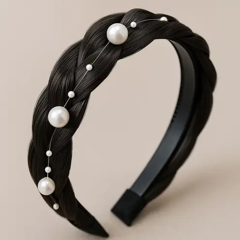 Braided Hair Headband with Pearls – Black Natural Look Costume Cosplay Accessory