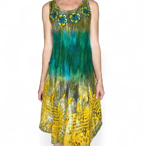Shoreline Vintage Teal Yellow Tie Dye Floral Embroidered Hippie Mini Dress