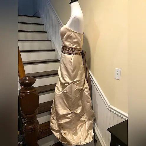 Bill Levkoff Taupe Beige Sleeveless Formal Gown w Pickups and Satin Sash Sz 14