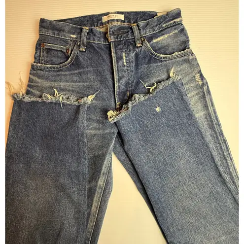MOUSSY VINTAGE High Rise Straight Leg Jeans Distressed Frayed Hem Size 25 Blue
