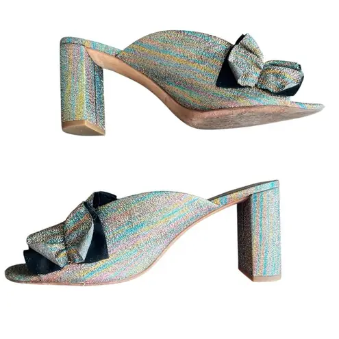 Loeffler Randall Esme Rainbow Ruffle Slide Open Toe Metallic Block Heel Sandals
