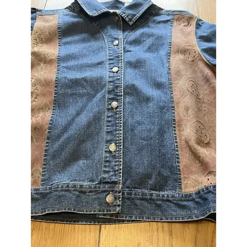 Chico's  Designer Blue Jean Jacket Denim & Beaded Leather Panels‎ Women's Size 2