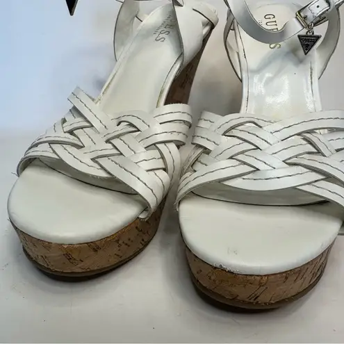 Guess Women's  Wedge White Sandals Cork Heel Strappy Woven Shoes 8.5 Logo Charm