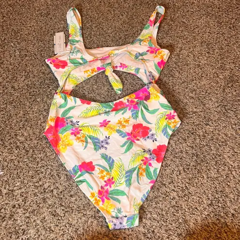 Salt + Cove Floral One Piece Swimsuit Cutout Tie Front Women's Extra Large XL White