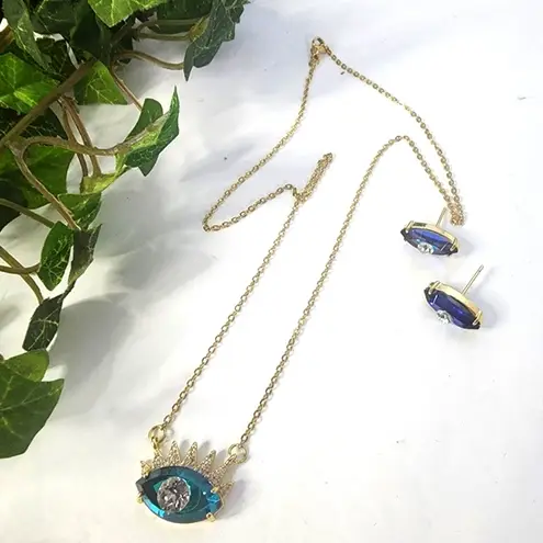 Unique Blue Glass Evil Eye Pendant Necklace Earrings Set Gold Plated Steel