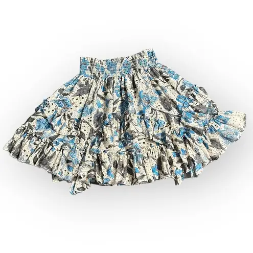 MISA Los Angeles Bella Mini Skirt Women's Small Ivory Blue Jaipur Floral Smocked