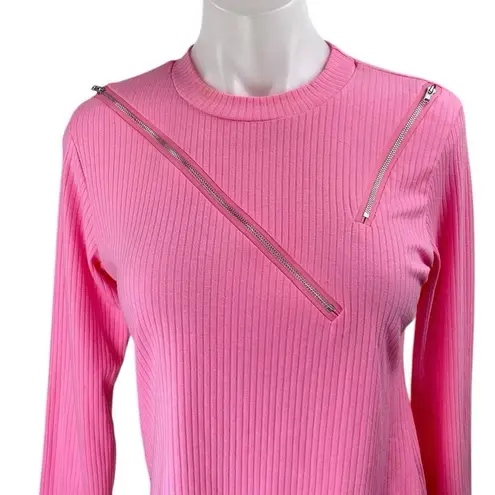 NEW Ma Cherie Pink Rib Knit Long Sleeve Aymmetric Zipper Cutout Sweater Top Sz L Size L