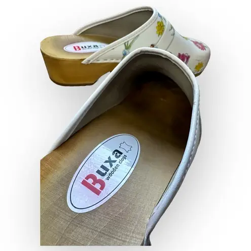 Buxa Floral Leather Clogs Wooden Sole Slip