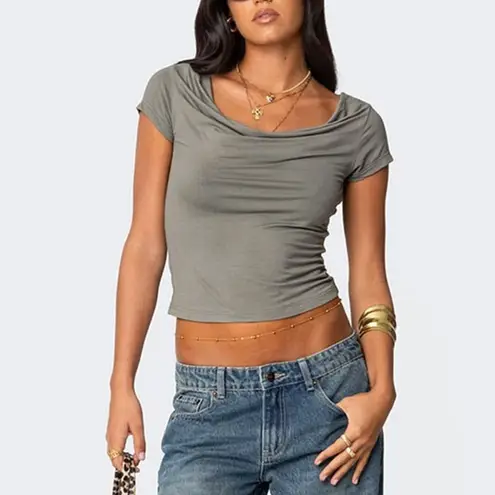 Edikted Javi Cowl Neck Top Olive Green Fitted Short Sleeve Women's Size Medium