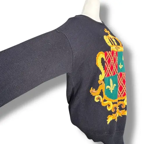 Vintage 90s Marisa Christina Black Knit Crewneck Crest Coat of Arms Sweater Blue Size M