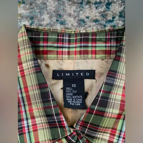 Vintage Limited sleeveless silk taffeta plaid button down blouse, size XS
