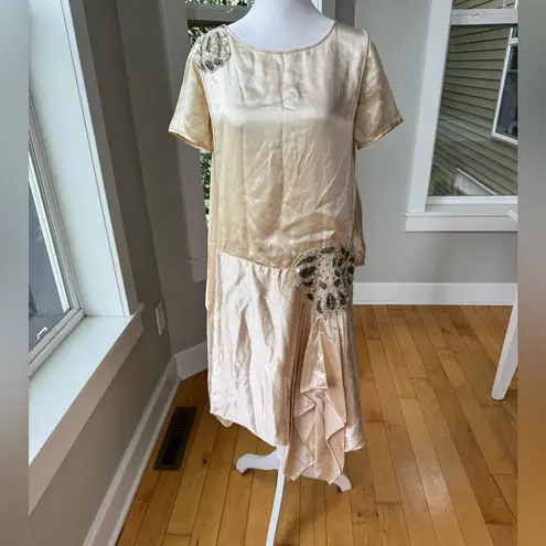 Antique 20s 30s Ivory Silk Bugle Bead Pearl Beaded Flapper Drop Waist Dress XS S White