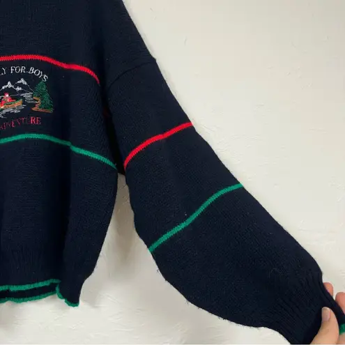 Vintage 80s Navy Blue Wool Embroidered Only For Boys Adventure Sweater Womens XS