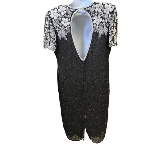 Vintage Beaded Dress Black Silk Party Cocktail Dress Open Back M Size M