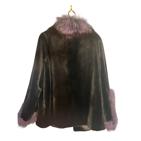 Sheared Mink and Farmed Fox Real Fur Coat Jacket Lush Luxury Purple Black Size 8