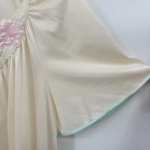 Vintage 80s Nightgown Cream Satin Quilted Embroidered Flowers Made in the USA Green Size M