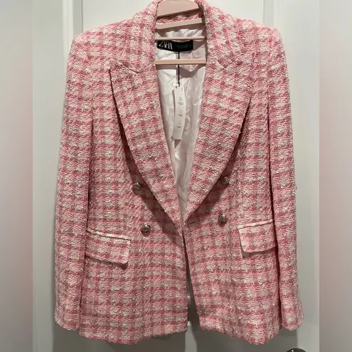 ZARA Bloggers Fave  Textured Tweed Checkered Pink White Double Breasted Blazer