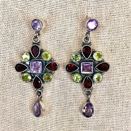 Amethyst Garnet Peridot Sterling Silver Drop Dangle Faceted Earrings