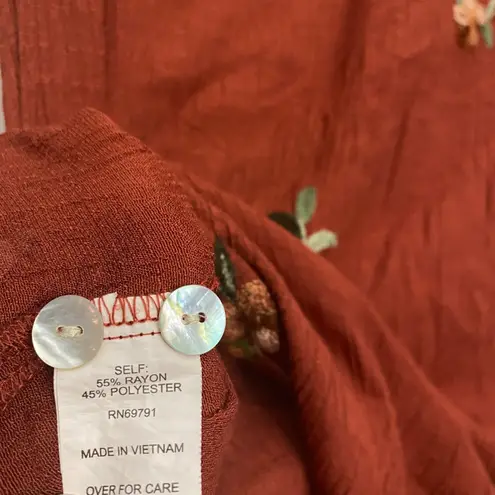 Anthropologie Fig & Flower Embroidered Button Down Blouse Orange Size Petite XL