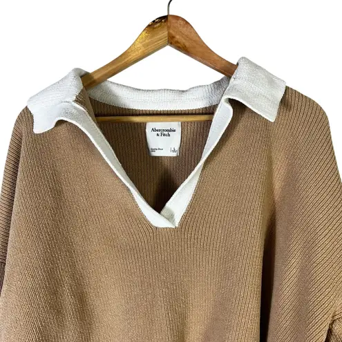 Abercrombie & Fitch  Contrast Collar Polo Sweater Womens L Tan White Preppy Chic