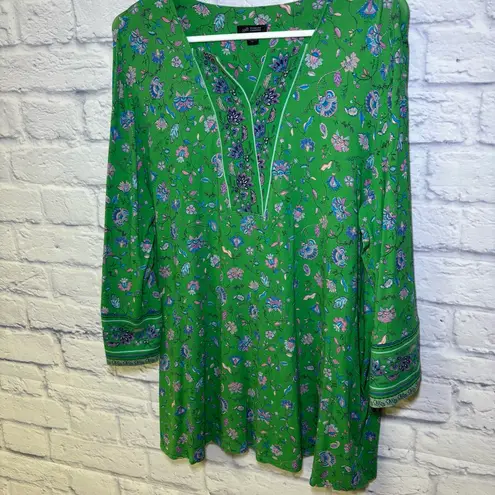 J.Jill WEAREVER XL Split Neck Green Paisley Popover Casual Tunic Blouse Tunic
