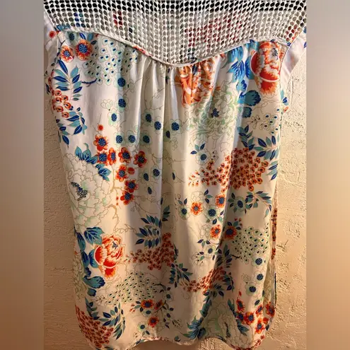 Daniel Rainn Orange and Blue Asymmetrical Cap Sleeve Blouse w crochet accents - Image 9