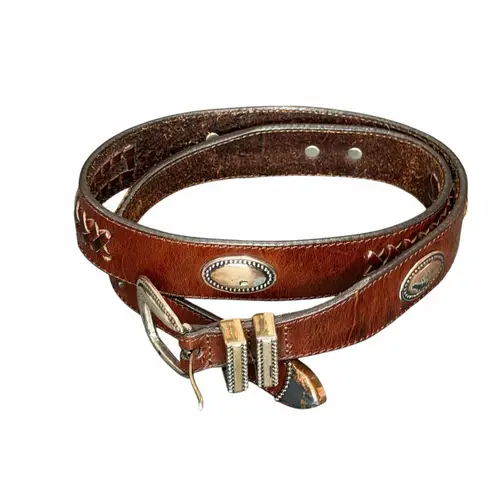 Latigo Vintage Leather Belt 34 Brown Antique Silver Concho Patina Braid Western