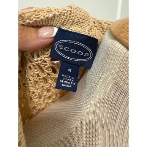 Scoop Crochet Knit Duster Cardigan Long Open Front Striped Hooded Sweater Tan Size M