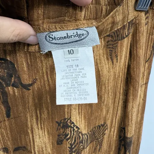 Vintage Animal Print Maxi Skirt Womens 10 Brown Faux Wrap Elephant Zebra Boho