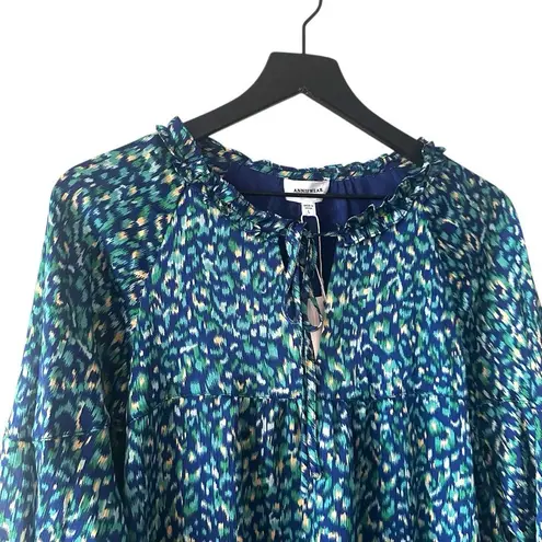 AnnieWear Los Angeles Boho Chiffon Blouse L Blue Green Ikat Ruffle Sleeve Size L