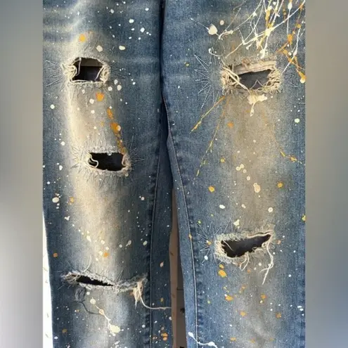 Over Lap 100% Cotton Paint Splatter Distressed Flare Wide Leg Denim Jeans M Blue Size 30 - Image 3