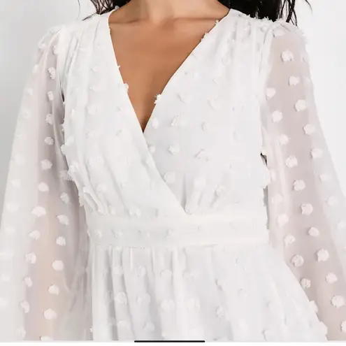 Lulus Always On Repeat White Clip Dot Long Sleeve Mini Dress Sz Medium Chiffon
