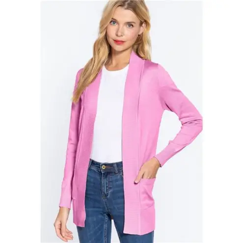 Active Basic Ribbed Trim Open Front Cardigan