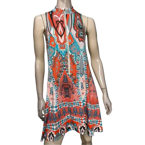 Julian Chang Women’s Size M Orange Paisley Half Zip Sleeveless Swing Dress Size M