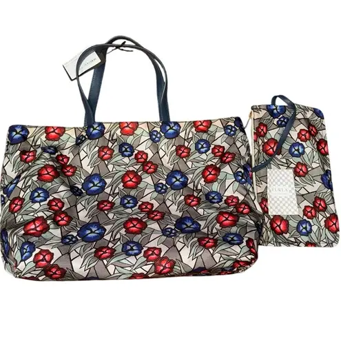 Furla NWT Toni Marmo Floral Tote Italian Designer Canvas/Leather w/ Pouch
