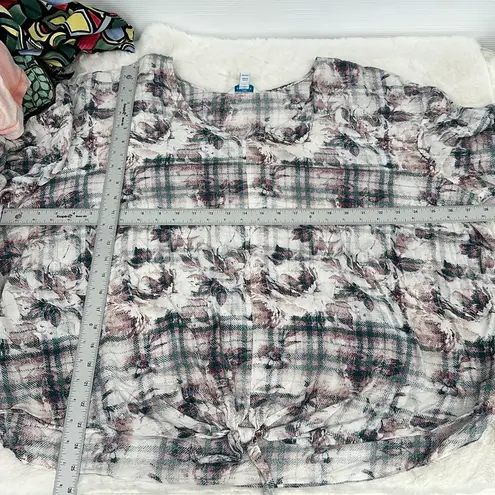 Boutique Plus pull over floral plaid waist tie high low short sleeves size 3X Pink