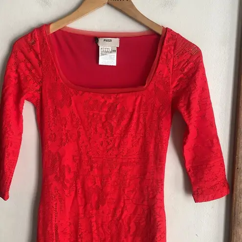 Fuzzi Tattoo Lace Fitted Square Neck Bodycon Dress Red Size XS