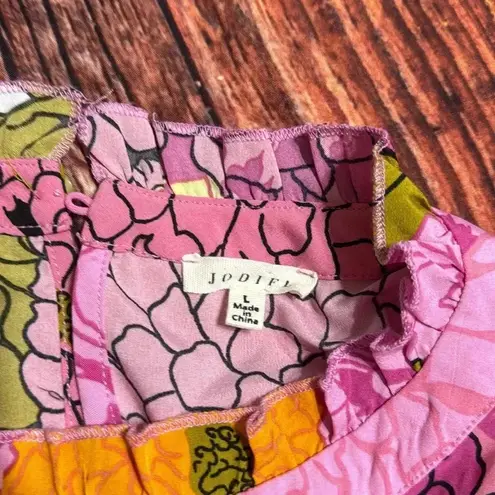 JODIFL Retro Floral Ruffle Mini Dress – Vibrant Pink, Orange & Green