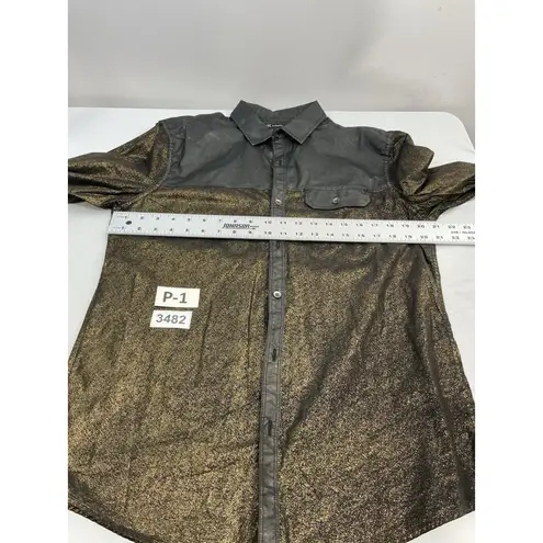 INC Womans Medium Casual Shine Black Bronze Shimmer Long Sleeve Button Blouse