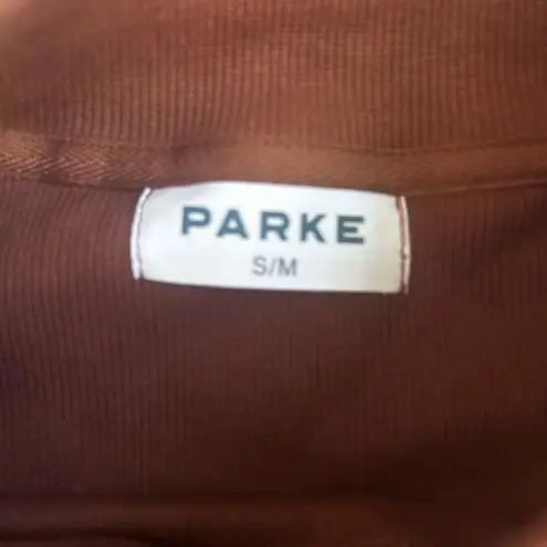 PARKE Ribbed Varsity Pullover Mockneck Sweatshirt in Mocha S/M