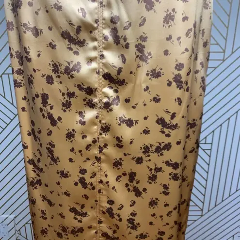 ZARA  Floral Print Slip Midi Skirt In Tan Gold Brown Satin Size US‎ Medium