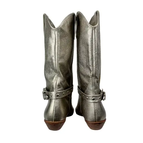 Vtg Y2K 9West Champagne Metallic Western Riding Boots Sz 8 Buckle Cowgirl Silver