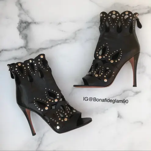 Alaia Azzedine women’s studded laser-cut cutout caged leather open-toe bootie 40
