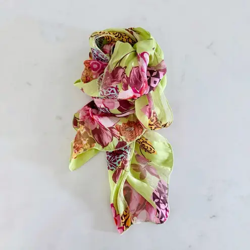 90s Vintage Marcrozier Paris Floral Print Silk Oblong Scarf Wrap, Green & Pink