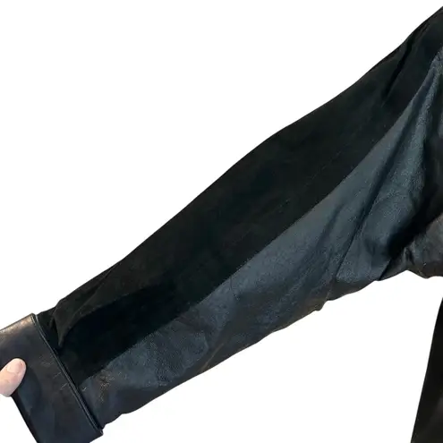Marco Morani VTG Leather Coat Trench Womens Black SZ L Suede Trim Jacket Classic Size L